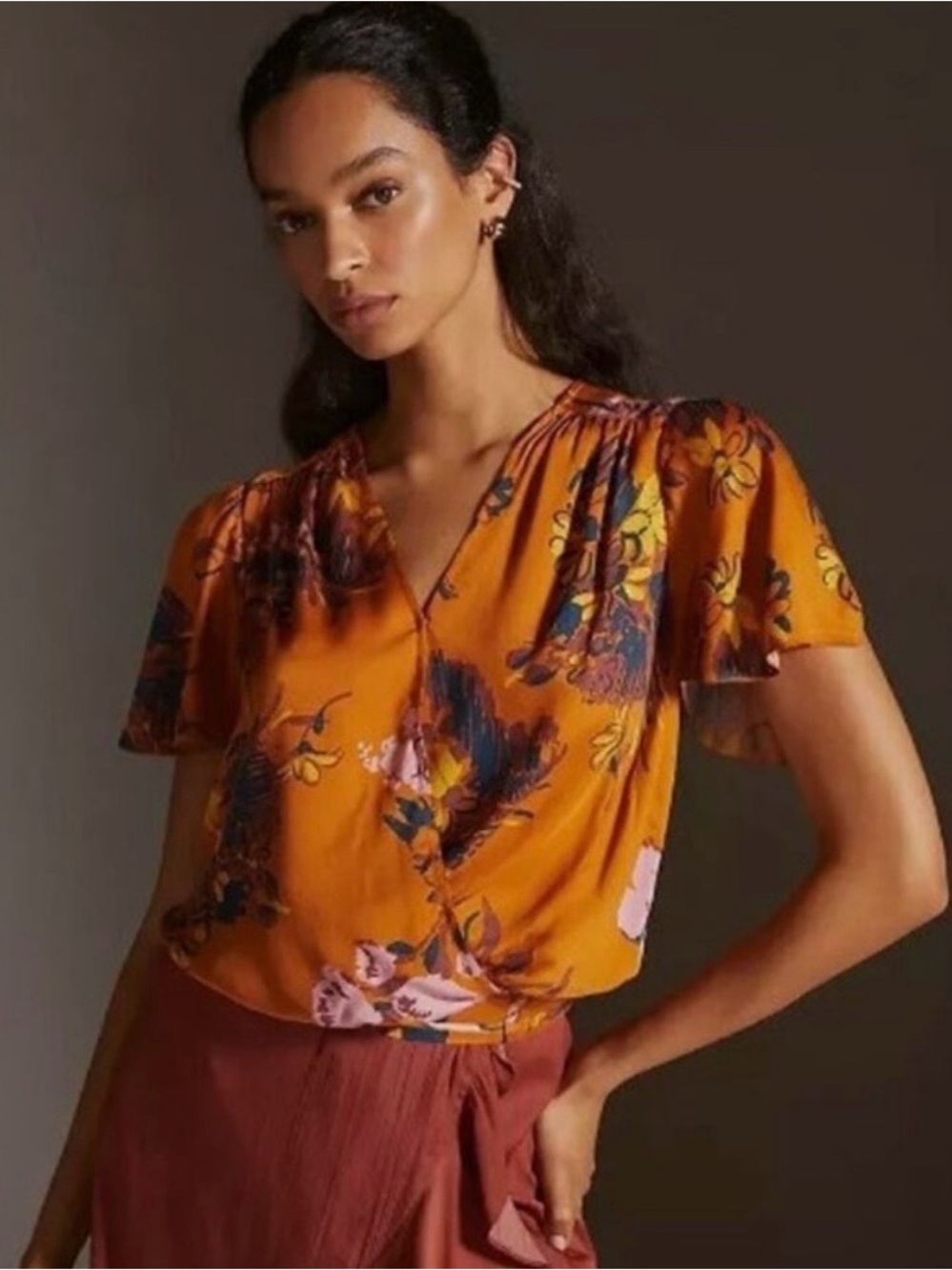Anthropologie Mustard Floral V-Neck Flutter Sleeve Blouse